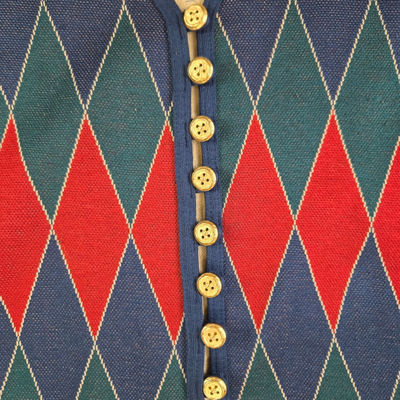 80s Vintage Tan Red Argyle Front Button Crewneck Faux Vest Sweater Size Medium - Picture 3 of 6